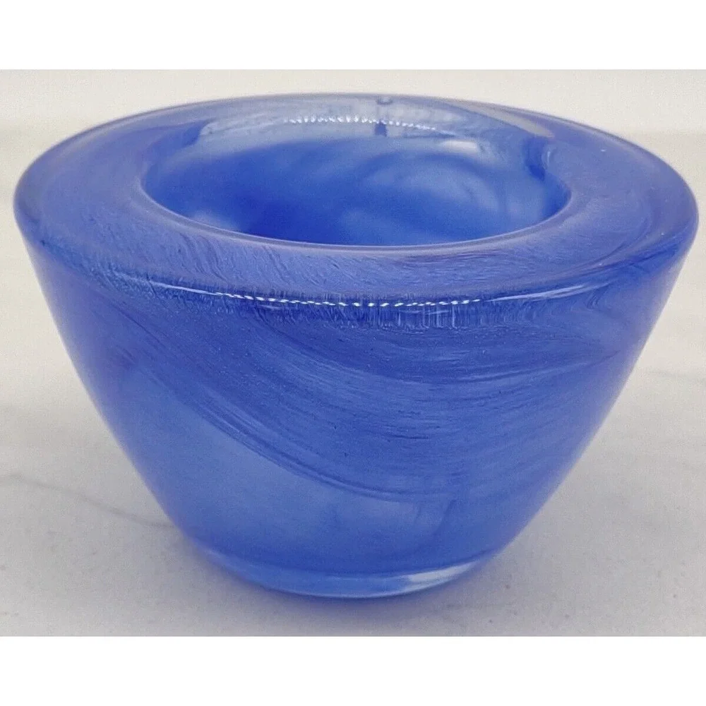 Hand Blown Cobalt Blue Swirl Art Glass Round Votive Candle Holder - Picture 12 of 14